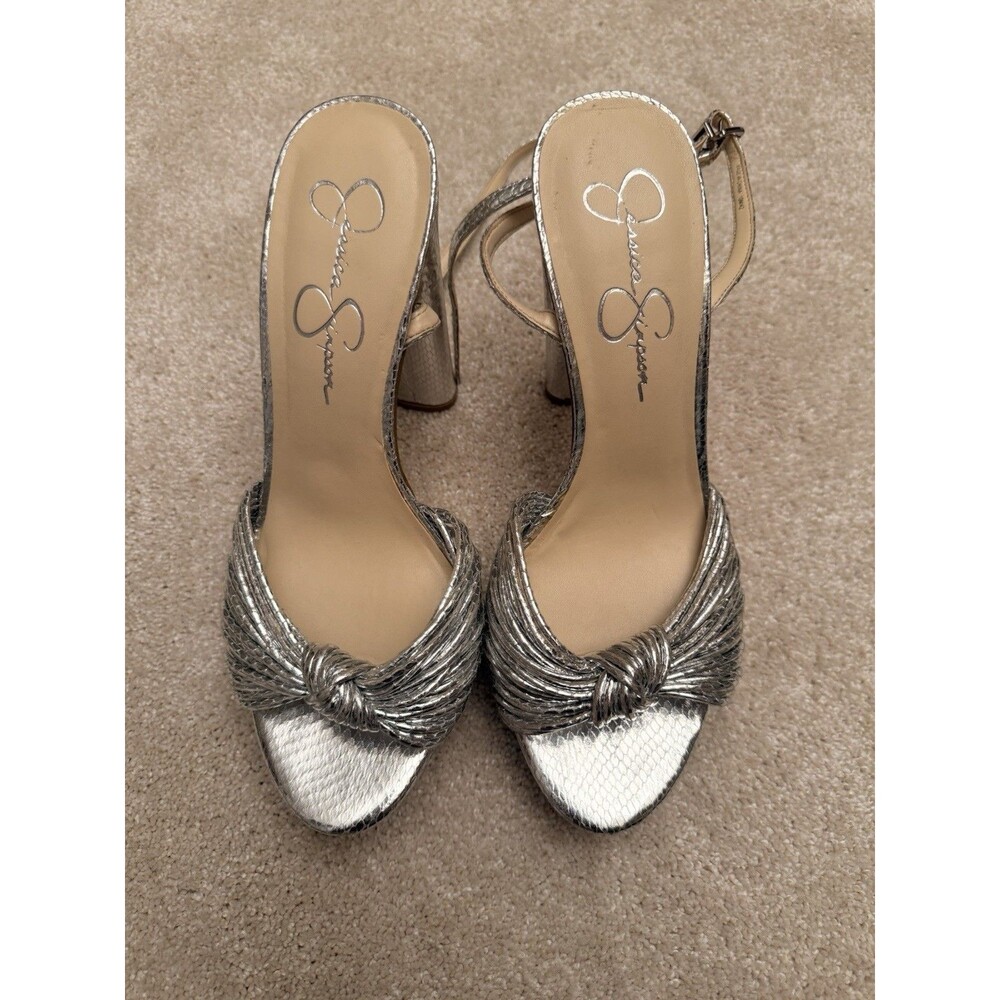 Jessica Simpson Silver Snake Print Strappy Open Toe Ankle Strap Block Heel 41.5